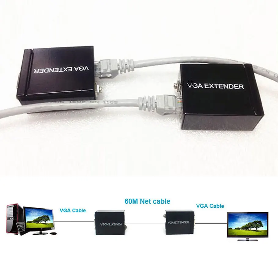Одна пара 60 м VGA удлинитель Женский в Lan Cat5 Cat5e RJ45 Ethernet адаптер усилитель