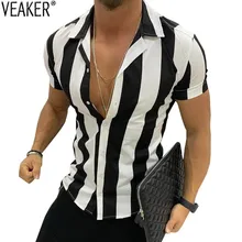 Новинка, мужские сексуальные облегающие полосатые рубашки, мужская повседневная Уличная уличная рубашка, мужская летняя рубашка с коротким рукавом, топы, M-3XL