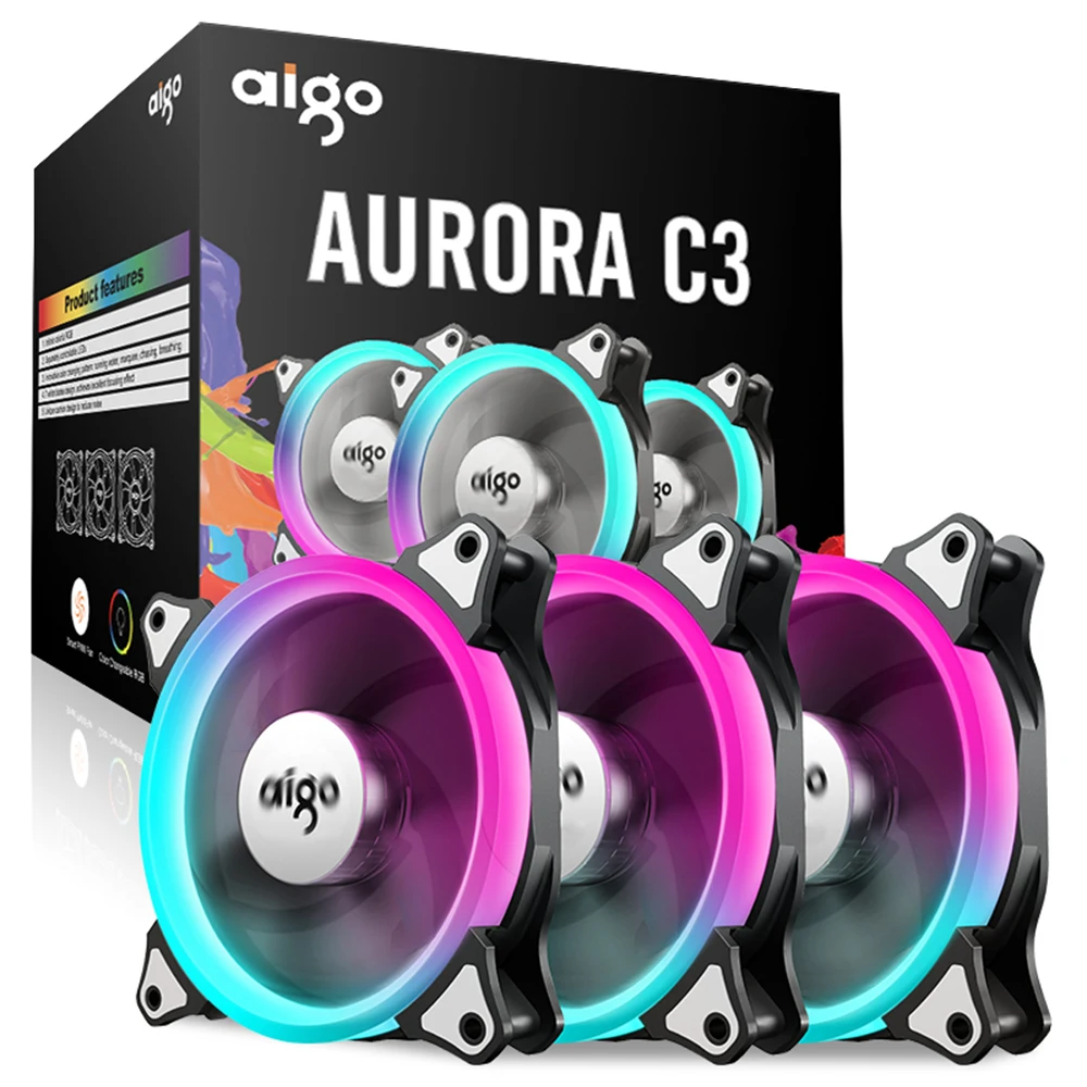 

Aigo C3 3 Pack PC Computer Case Cooler Cooling RGB LED 120 mm Low Noise High Airflow Adjustable Colour LED Fan