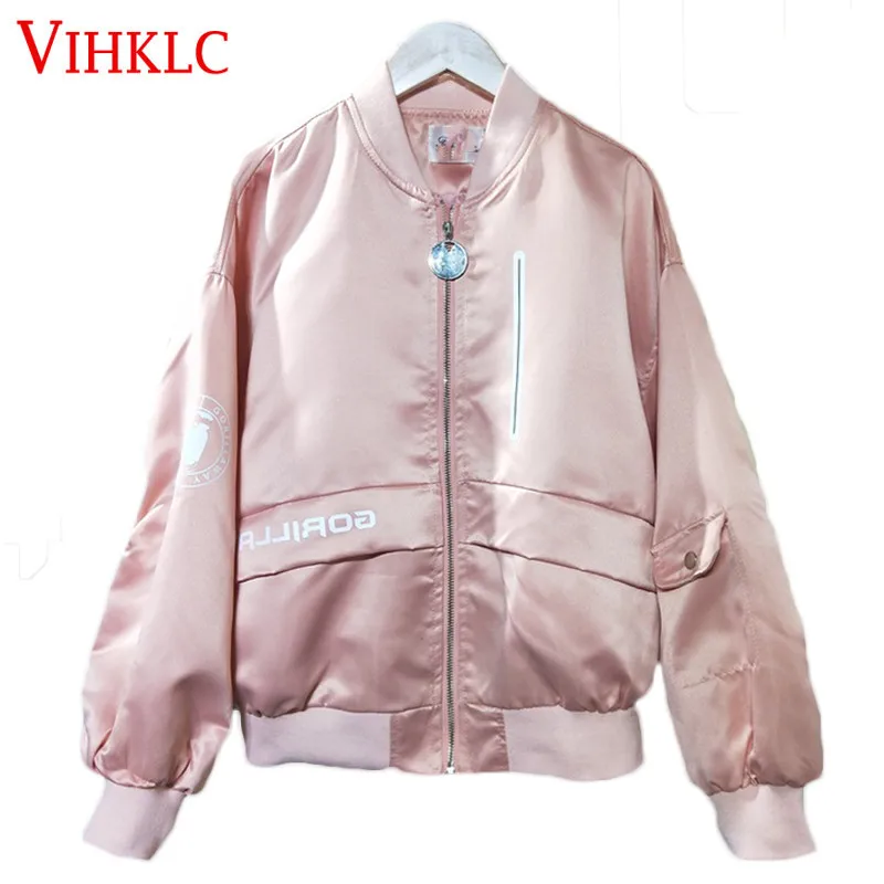 

Baseball Clothing Women Port Wind Loose Satin Pink Printing Spring Autumn Jacket Korean Student Bomber Jackets Tide X199