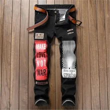 Newsosoo, джинсы в стиле пэчворк, мужские рваные джинсы с черными буквами, байкерские джинсы, джинсовые прямые облегающие повседневные штаны 17007