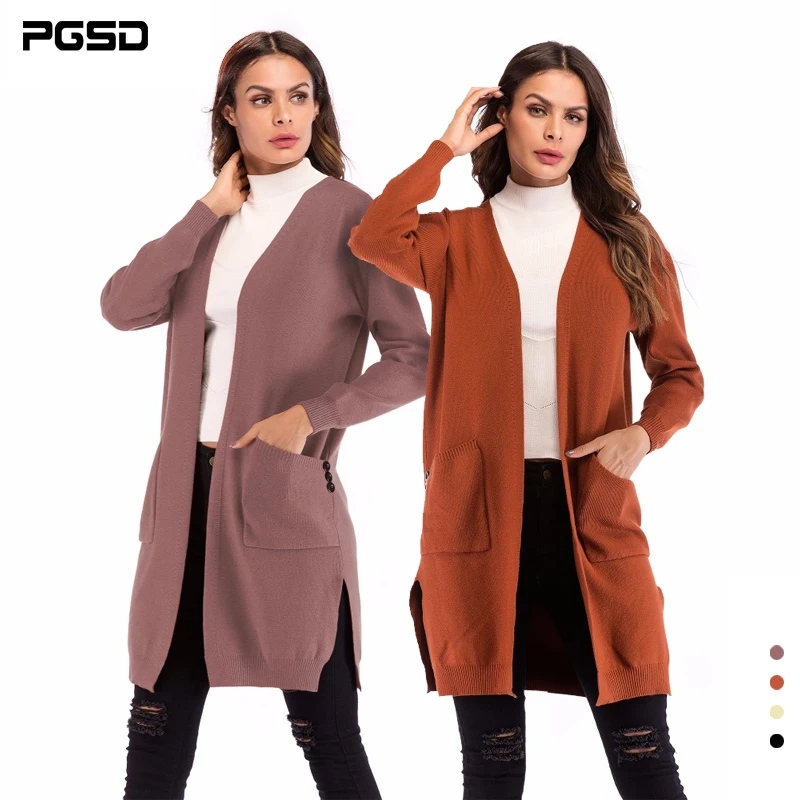 

PGSD Fashion Simple Women Clothes Medium long open-forked Long sleeves knitted cardigan double pocket pure color sweater female