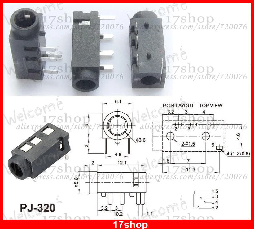 500PCS 4Pin 1 8 3 5mm Jack Socket for AV cameras iPhones Headphones PJ 320A