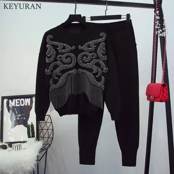 

Nail Bead Tassel Long Sleeved Pullover Sweater Pants Sets Loose Knitted Coats + Casual Trousers Women Clothing Sets L3693