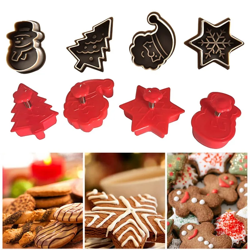 

DIY 4pcs Christmas Tree Snowman Plastic Baking Mold Kitchen Biscuit Cookie Cutter Pastry Plunger Fondant Cake Decorating Tools