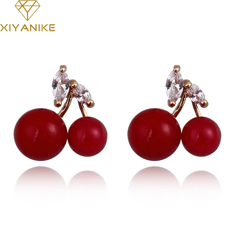 New Fashion Lovely Red Cherry Earrings Rhinestone Leaf Bead Stud