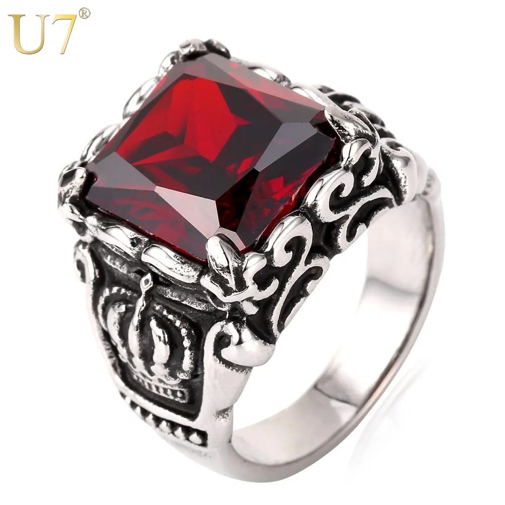 

Vintage Crystal Ring Trendy Big Red Crystal Stone Stainless Steel Party Jewelry Wedding Bands Ring For Women R364