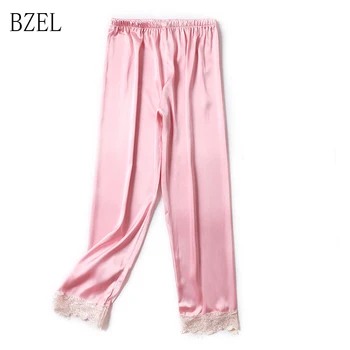 

BZEL Pajama Pants Women Pink Trousers Casual Ladies Silk Satin Homewear Lace Pyjama Pants Sexy Femme Nightwear Long Pants Women