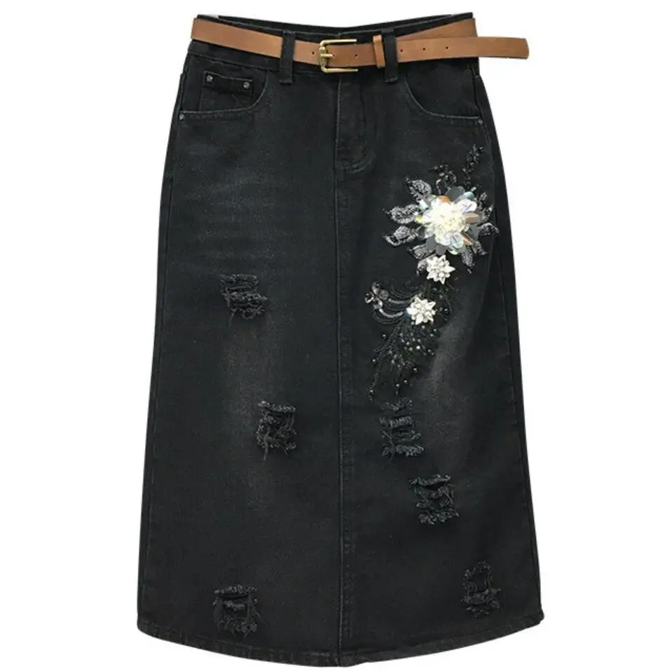 

Women High Waist Ripped Hole Sequins Rhinestone Flower package hip Denim Skirt Pearls Black Jeans Skirts plus size 2XL