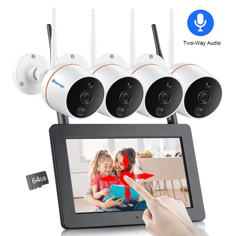 

Techage 4CH 1080P Wifi Wireless 7" LCD Touch Screen Monitor NVR Camera System 2MP Two-Way Audio SD Card Record CCTV Security Kit