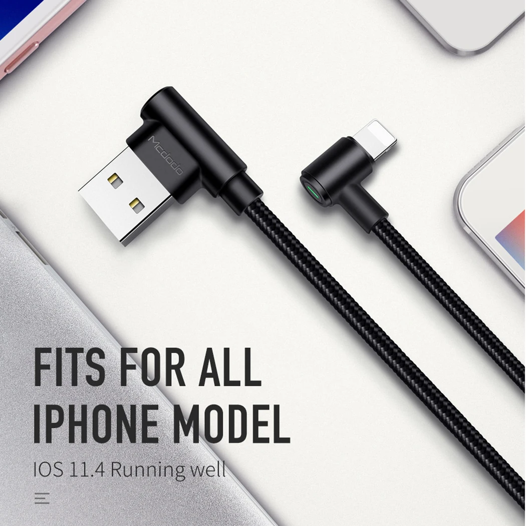 90 grados usb Cable para iphone Mcdodo rápido de sincronización de datos de carga LED para iphone 7 6X8 5 6 s Plus iphone cargador de cable adaptador de cable