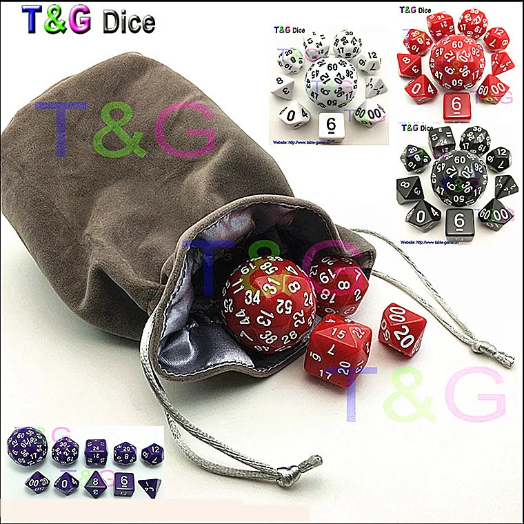 

Wholesale 10pc Dice Set T&G High quality d4,d6,d8,2xd10,d12,,d20,d24,d30,d60 dice bag rpg dungeon dragons d&d board game dados