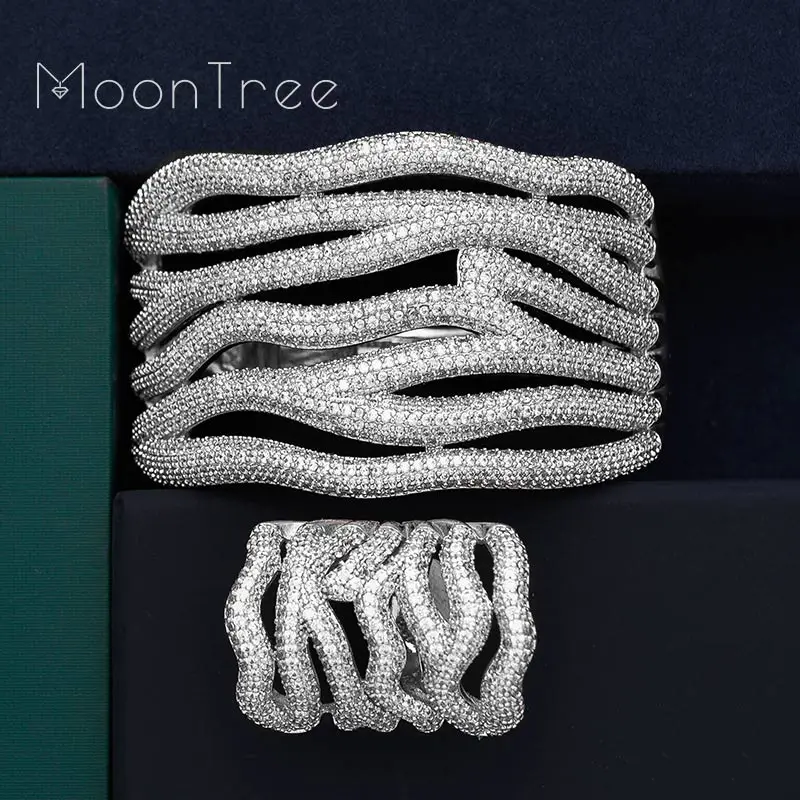 

MoonTree Luxury Wave Line Flower Full Mirco Cubic Zirconia Copper Women Wedding Bracelet Bangle And Ring Fashion Set