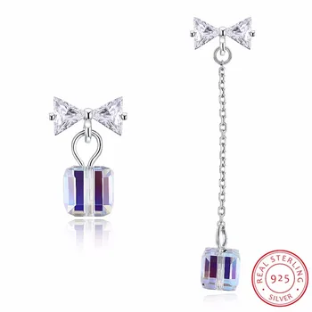 

LEKANI Crystal from Swarovski 925 Sterling Silver Asymmetric Stud Earring Square Cube Bowknot Earring Fine Jewelry Gift Brincos