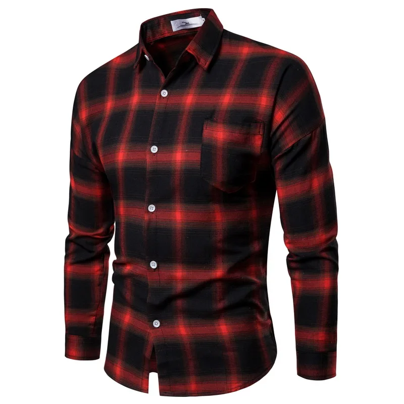 Drop Shipping Men Plaid Shirt Long Sleeve Flannel Shirts 2019 Fashion Casual Red Checkered Man Clothes Cotton Chemise Homme Blue