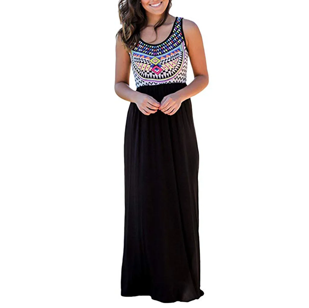 

Long Boho Dress Women Summer Sleeveless Aztec Print Party Long Maxi Dress 2019 Casual Ladies Loose Boho Beach Sundress Vestidos