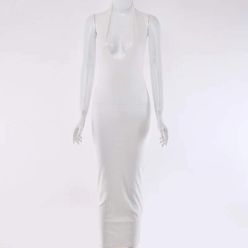 COSYGAL белый Вязание Bodycon платья Для женщин глубокий v-образный вырез длинное платье с низким вырезом на спине, летнее платье карандаш Vestidos - Цвет: white