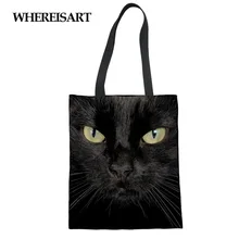 WHEREISART Женская Холщовая Сумка для покупок, с принтом кота, многоразовая складная сумка на плечо для девушек, женская сумка-тоут, Хлопковая Сумка-тоут