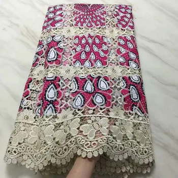 

pretty ankara african wax brode prints water soluble lace net fabric top real wax fabric with rhinestones &beads for party dress