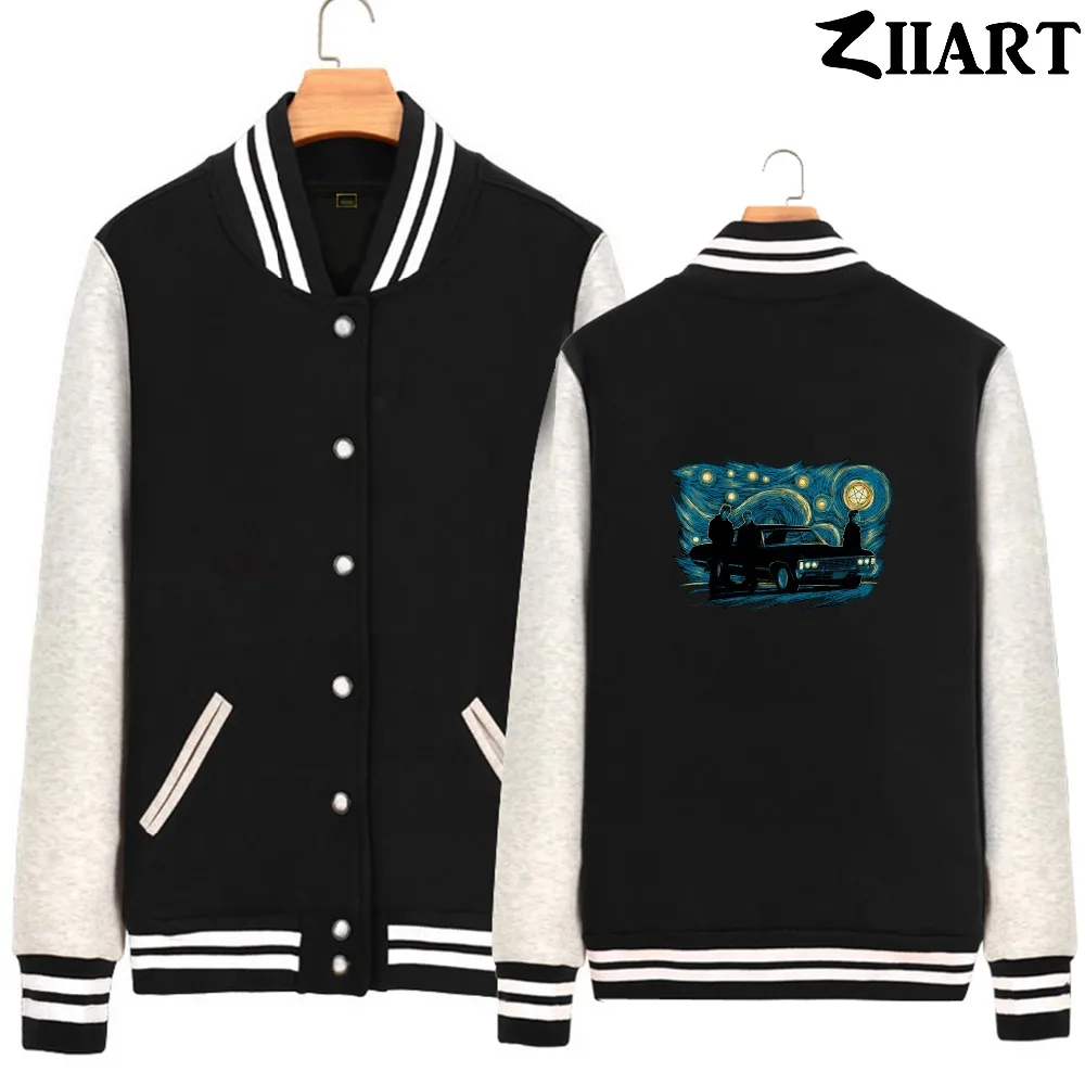 

the starry night vincent van gogh supernatural Dean Sam Winchester Man Boy Full Zip Autumn Winter Fleece Baseball jackets ZIIART