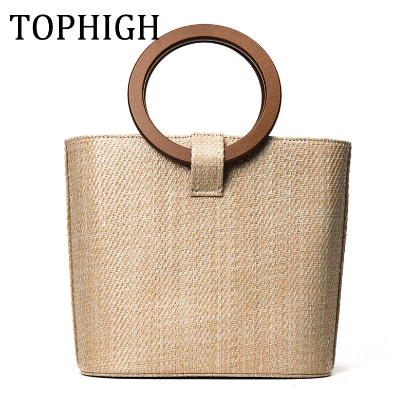 TOPHIGH Summer tote round wooden handle women&#39;s handbags large straw beach bag clutch patchwork ...