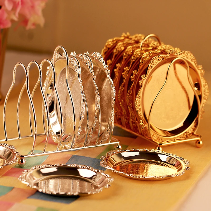 

6 pcs set Europe Style relief metal plated with gold/silver mini/smal dessert/cake/snack Tray dish Fruit Plate party decoration