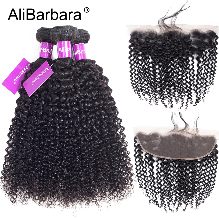 AliBarbara Hair Brazilian Kinky Curly Human Hair Frontal With Bundles Remy 13X4 lace frontal with 3Bundles hair weaves extension