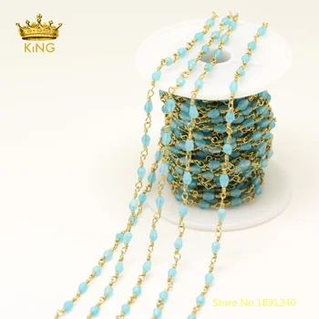 

5meters Frosted Glass Chains Crafts Bracelet,4mm Sky Blue Matted Glass Faceted Rice Shaped Beaded Chains Fashion Jewelry ZJ211
