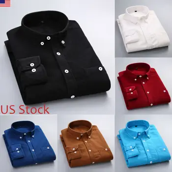 

Mens Long Sleeve Shirt Button Up Smart Casual Formal Plain Corduroy Dress Top