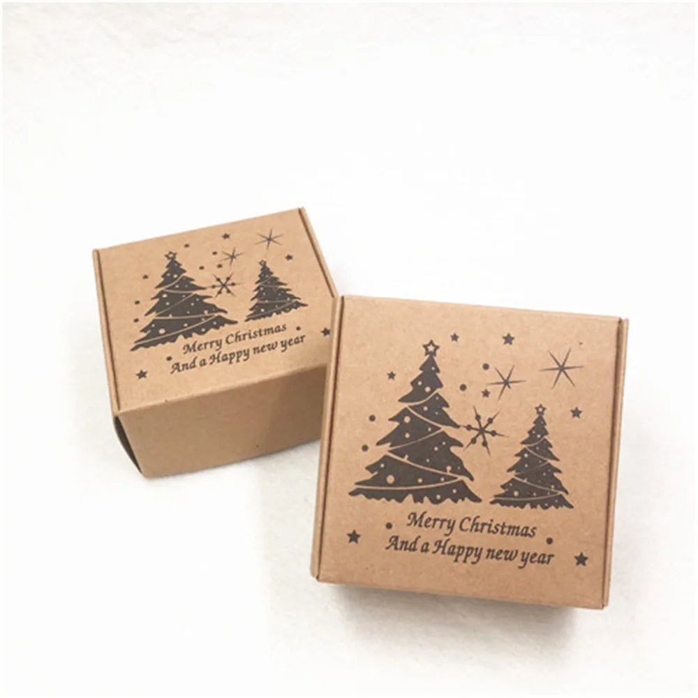

50Pcs Kraft Paper Christmas Tree Printed Small Boxes For Christmas Wedding Party Candy Clip Storage Packaging Boxes 6.5x6.5x3cm