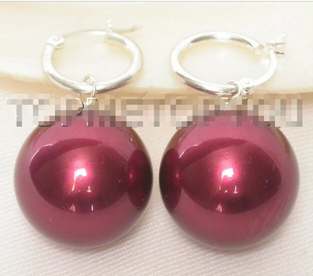 

Free shipping Dangle big 20mm wine red round sea shell pearls earring 925sc hook E53