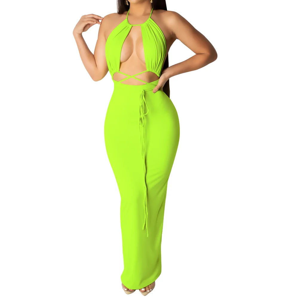 Эротичный вырез на талии, Бандажное платье для женщин, вечерние платья с открытыми плечами и открытой спиной, летнее неоновое платье макси без рукавов - Цвет: Green