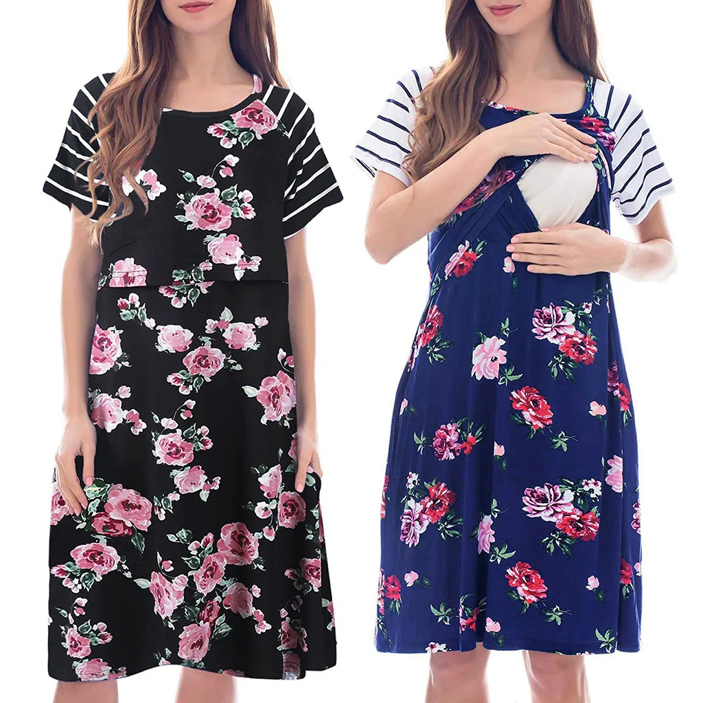 

summer Breastfeeding dress short sleeve pregnant women print striped breastfeeding dress pajamas skirt women maternity Clothes