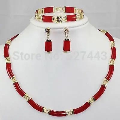 

free shipping>>> Wholesale Noblest Set Jewelry Rael Red Jade Necklace Bracelet Earring (A0511)