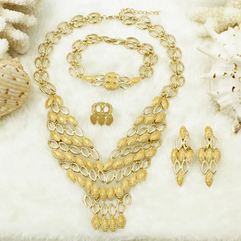 

Bridal Plain Gold Necklace Life Leaves Jewelry Set for Women Golden Stud Earrings Ring Bracelet Crystal Jewellery Sets