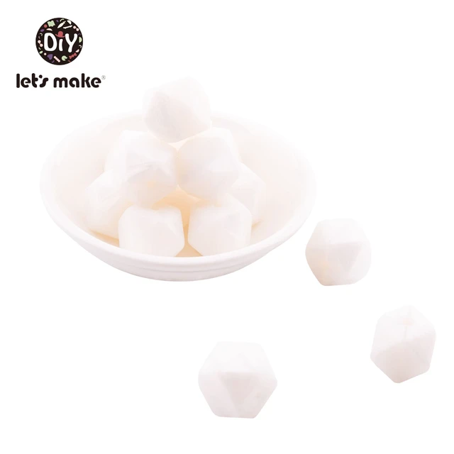 Let's Make Silicone Beads Hexagon Beads 14mm 10pc Food Grade Silicone Teether DIY Pacifier Clips Beads Necklace Baby Teether Pearl White