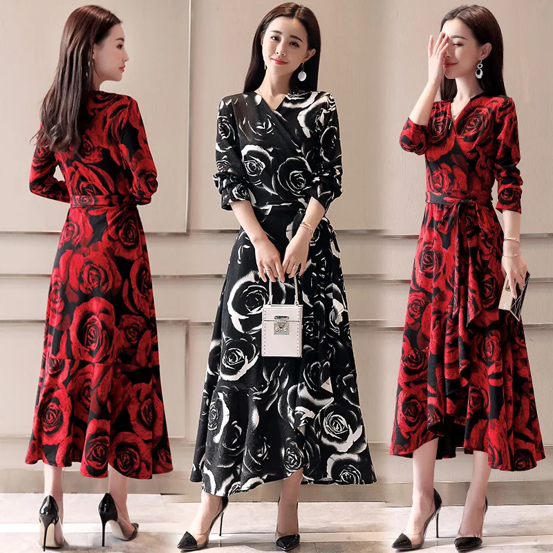 Платье с принтом Новинка 2018 года, женская одежда на весну, длинное платье выше колена с длинными рукавами, юбка, китайский национальный