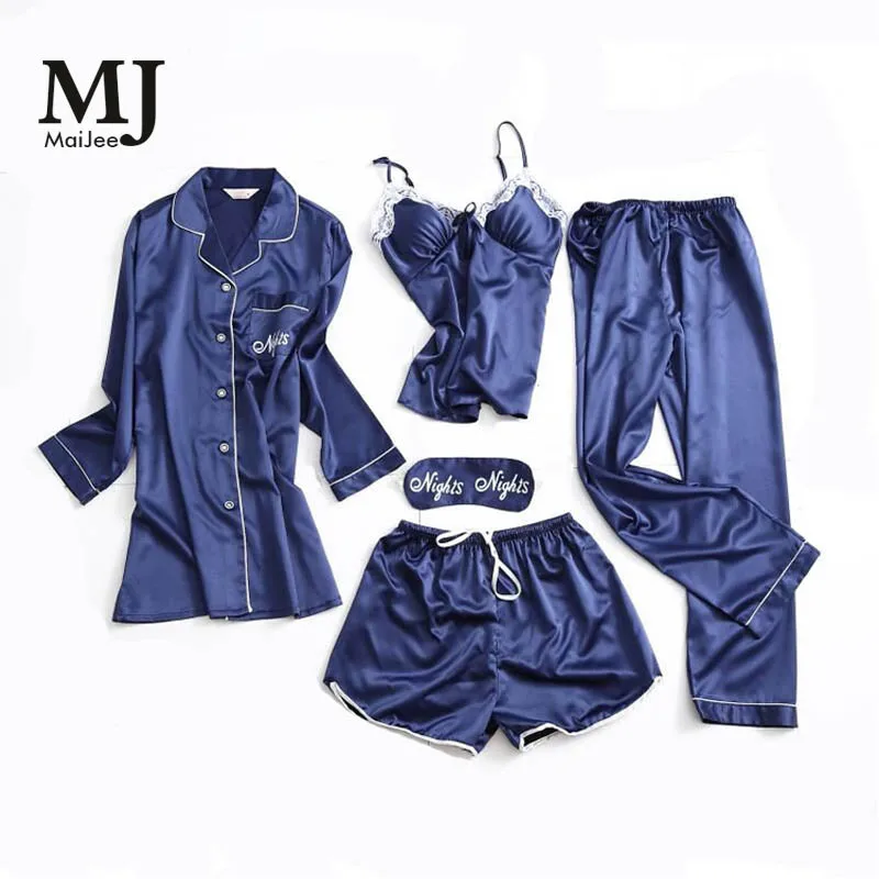 

MJ025A Lace 5 Pic Silk Pijamas Mujer Night Suit Satin Pyjamas Women Pajama Set Kigurumi Pajamas Pyjama Femme Lingerie Pijama