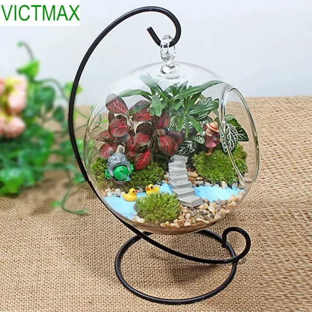 VICTMAX Iron Shelf Hanging Glass Ball Flowerpot Office Garden Decoration DIY Planter Vase – Transparent + Black