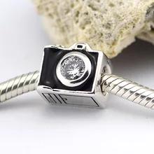 Подходит для Pandora шармы браслеты камера бусины с черной эмалью и прозрачный CZ стерлингового серебра 925 ювелирные изделия