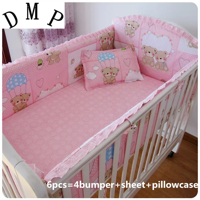 

Promotion! 6pcs Pink Bear baby Cot Crib bedding Set Embroidery Crib Bumpers Sheet (bumpers+sheet+pillow cover)