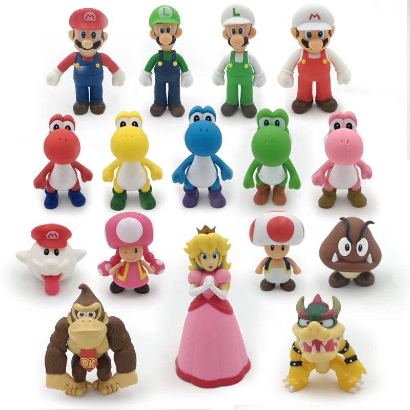 18 Styles 8-15cm Anime Super Mario Bros Bowser Koopa Yoshi Mario Maker Luigi Mushroom Peach Wario PVC Figure Toys Children Gift