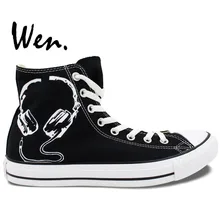 Wen Original Design Custom Black Hand Painted Shoes Earphones Men Women’s High Top Canvas Sneakers for Gifts