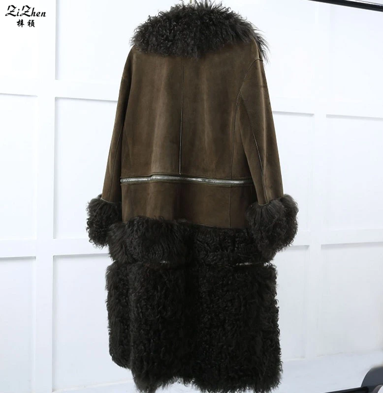 Winter Natural Double-faced Fur Long Coat Women Real Lamb Fur Overcoat Genuine Sheepskin Suede Warm Detachable Jacket 170909-1