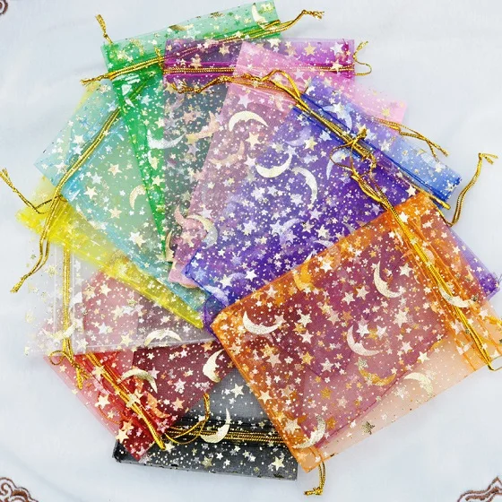 50 штук, 10 видов, Цвета шнурок из органзы Ювелирные изделия сумки 7x9 см x 9 см x 12 см с изображением Луны и звезд, мешки свадебные подарки из конфет стенд для ювелирных украшений сумка - Цвет: random mixcolor