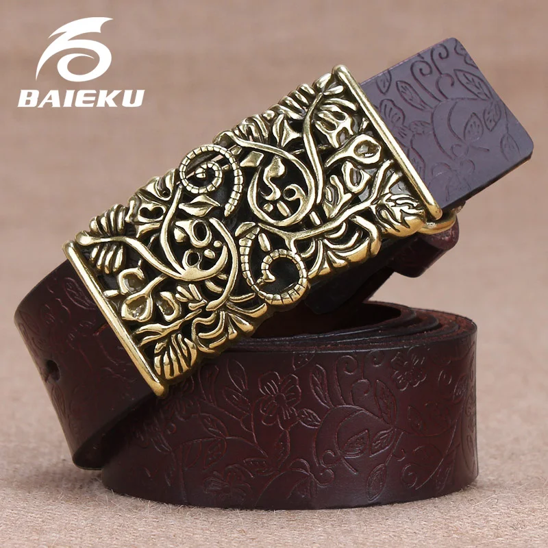 Женский кожаный ремень BAIEKU красный с цветочной Резной Пряжкой 2018|smooth buckle|pure leather