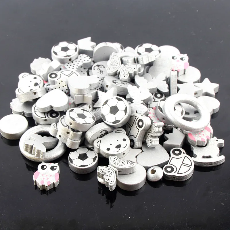 

Silver Multi Pattern Wood Beads 50pcs Many Shape Random Wood Beads for Jewelry Making DIY Rattle Pacifier Clip Necklace