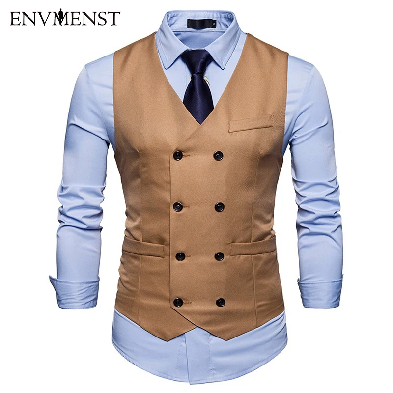 

Causal Dress Vests For Men Slim Fit Suit Vest Male Double Breasted Waistcoat Gilet Homme Sleeveless Formal Business Jacket