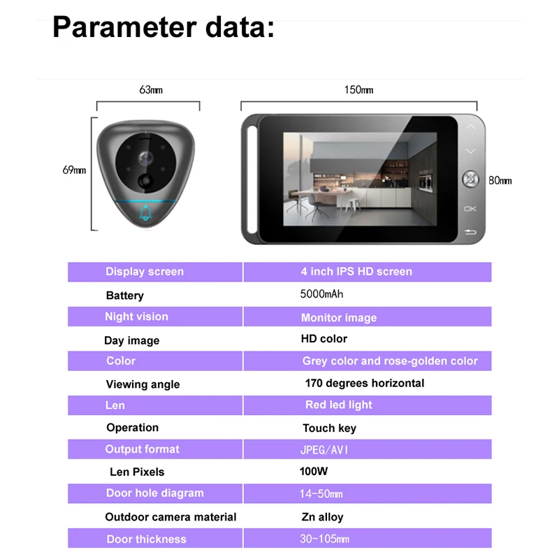

4 Inch Smart Video Doorbell Wireless Peephole Viewer With T Auto-Taking Photos/Recording And Motion Detection