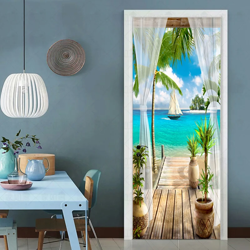 Photo Wallpaper 3D Balcony Seaside Landscape Murals Living Room Dining Room Door Sticker Creative DIY Scenery Wall Papers Decor 10pcs imitation brick self adhesive wall stickers waterproof wallpaper for tv headboard dining tea living room wall diy decor